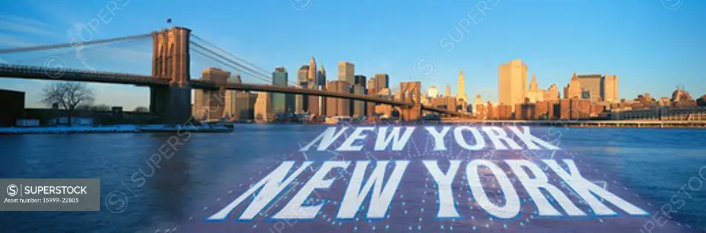 Composite image of daytime New York City and harbor with 'New York New York' superimposed over the water