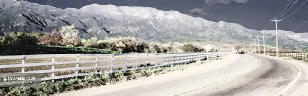 Digitally altered, high contrast image of rural Route 150 in Upper Ojai, California and the Topa Topa Bluffs