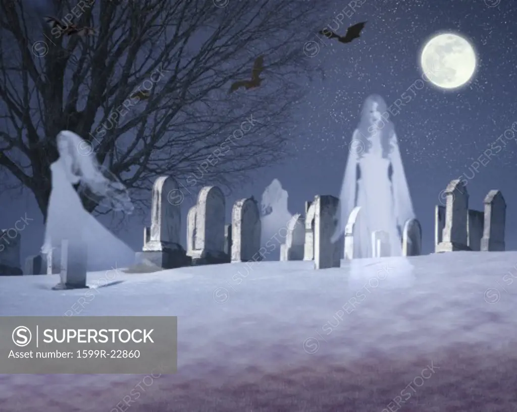 Composite image of ghosts and bats under a full moon in a snowy cemetery, VT