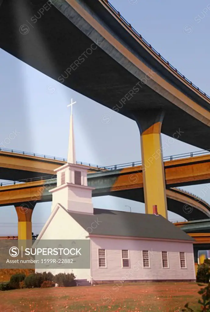 Composite image of a church amid freeway overpasses and heavenly light