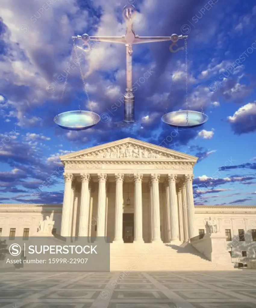 Composite image of the U.S. Supreme Court, Scales of Justice and blue sky