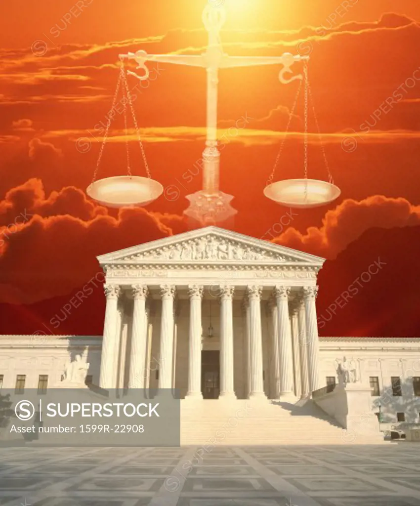 Composite image of the U.S. Supreme Court, Scales of Justice and red sky