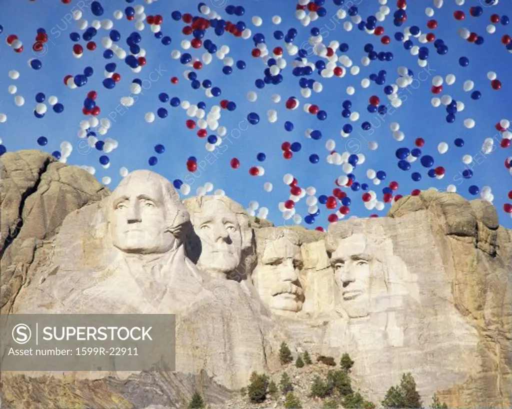 Composite image of Mount Rushmore and balloons