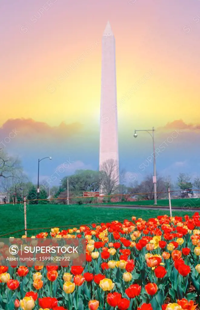 Composite image of Washington Monument and colorful sunrise sky