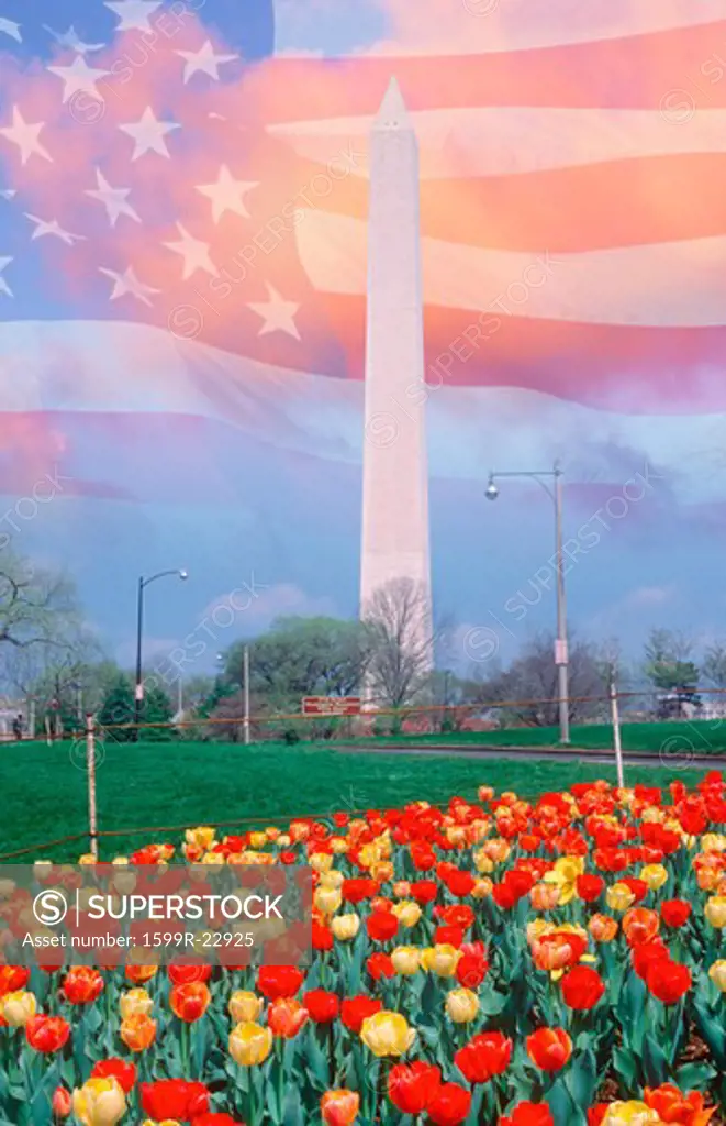 Composite image of Washington Monument and blue sky with American flag