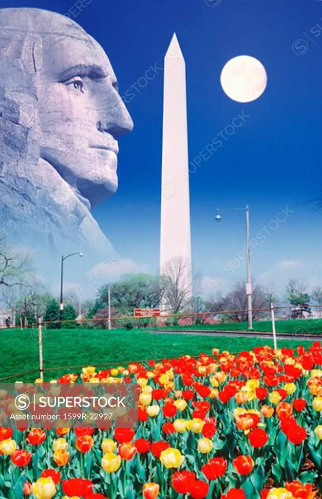 Composite image of Washington Monument, full moon, and profile of George Washington