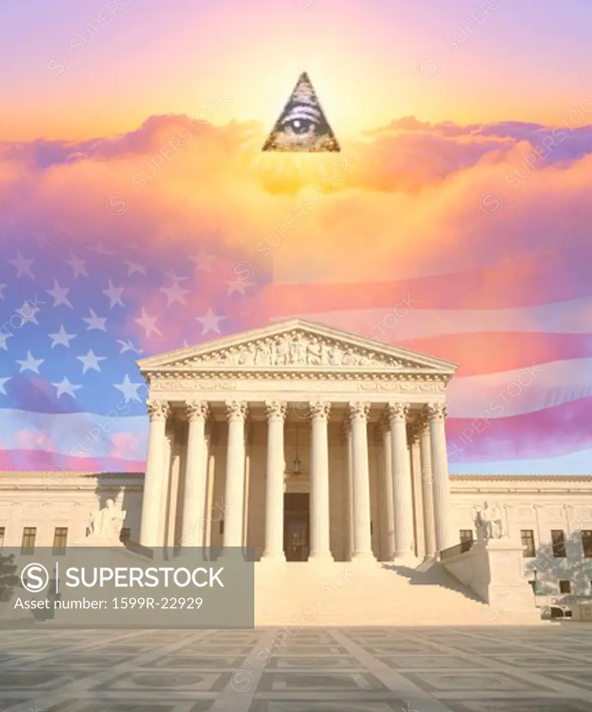 Composite image of the U.S. Supreme Court, American flag, eye of God and colorful sunrise sky