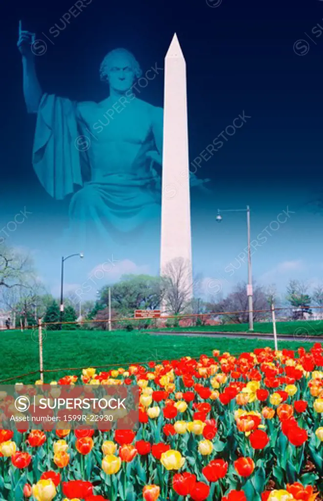 Composite image of Washington Monument and statue of George Washington