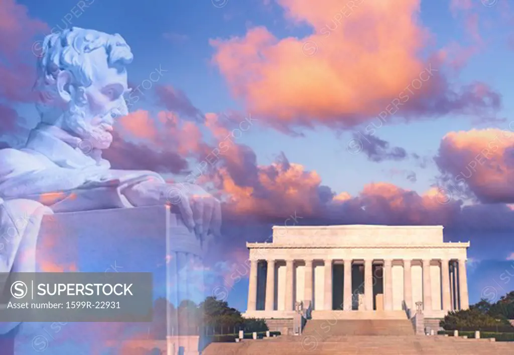 Composite image of Lincoln Memorial and statue of Abraham Lincoln