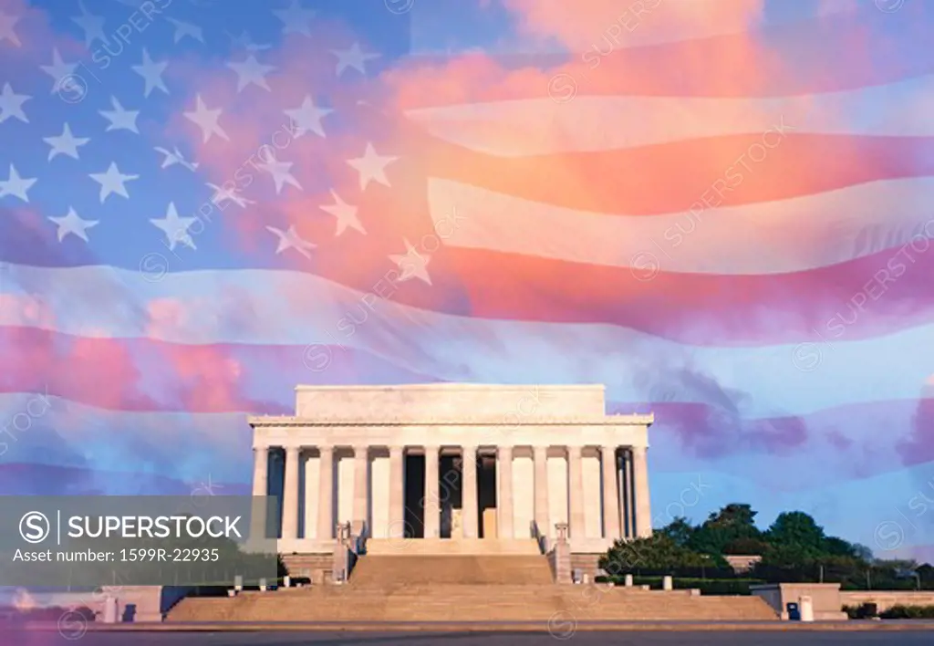 Digitally altered composite view of the Lincoln Memorial and American flag