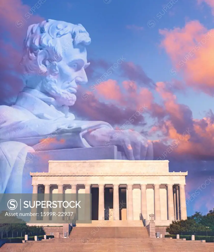 Digitally altered composite view of the Lincoln Memorial, statue of Abraham Lincoln and American flag