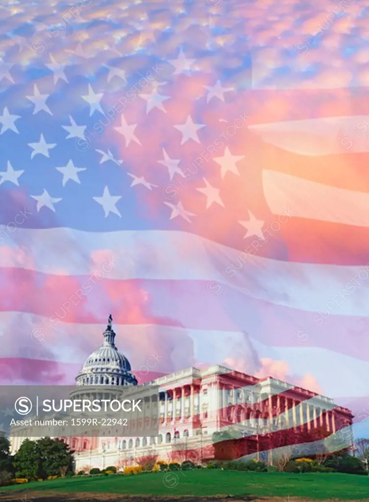 Composite image of the U.S. Capitol and American flag