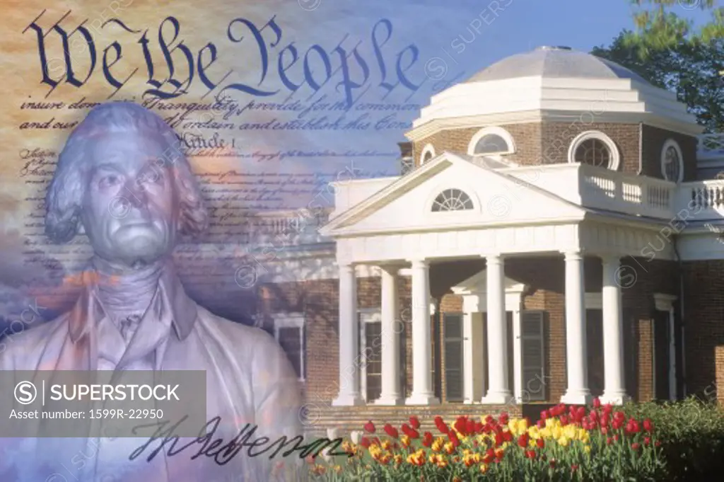 Composite image of Monticello, US Constitution, and bust of Thomas Jefferson with his signature