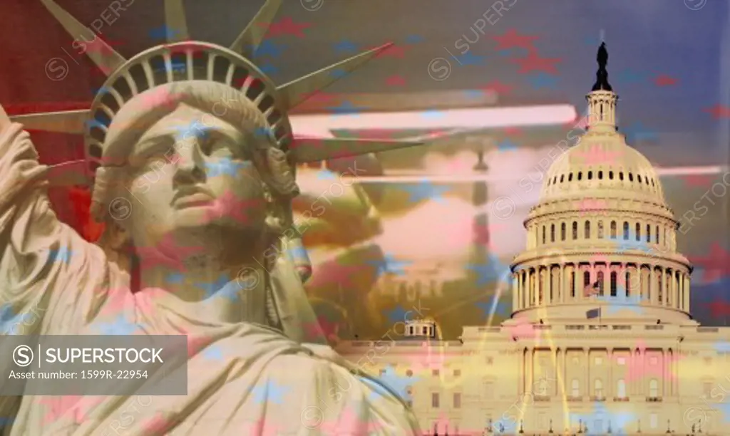 Composite image of the Statue of Liberty and U.S. Capitol with American flag stars