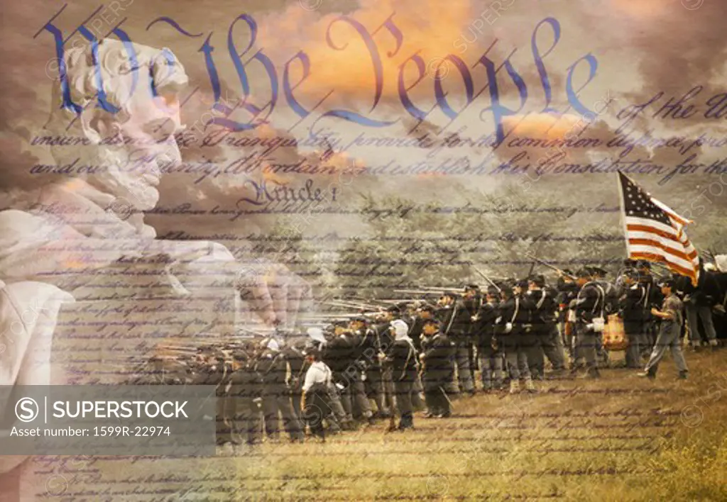 Composite image of Lincoln Memorial and Civil War soldiers in battle with U.S. Constitution
