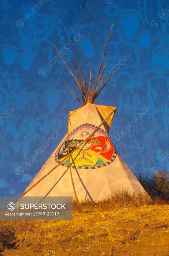 Composite image of a teepee silhouetted at dusk and Indian petroglyphs in the sky