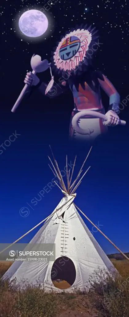 Composite image of a teepee silhouetted at dusk and Hopi kachina in the sky
