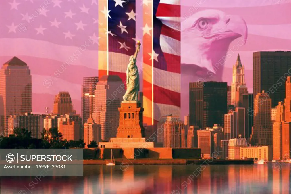 Photo montage: American flag and eagle, World Trade Center, Statue of Liberty