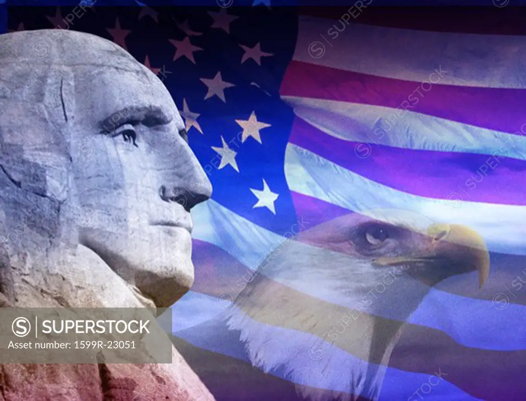 Photo montage: American eagle, George Washington and American flag