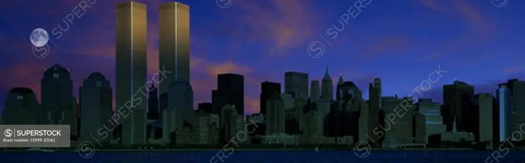 Panoramic view of Manhattan skyline at night
