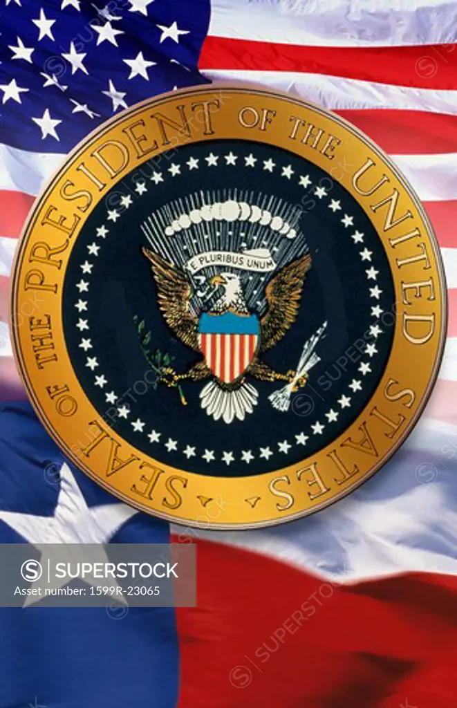Digital composite: The official seal of the President, American flag, state flag of Texas
