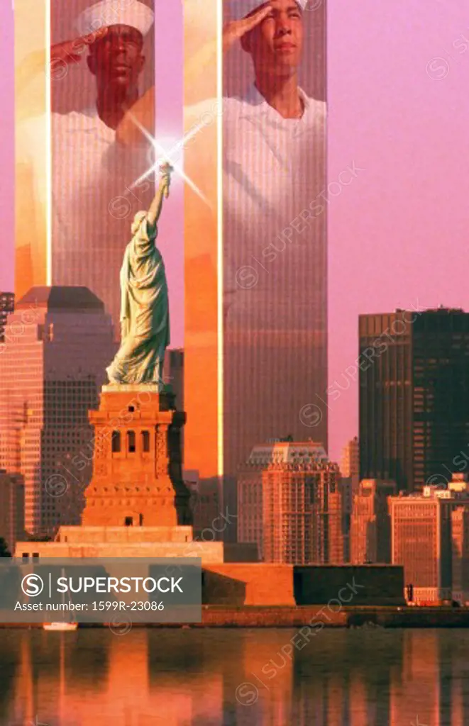 Digital composite: New York skyline, American sailors, World Trade Center, Statue of Liberty