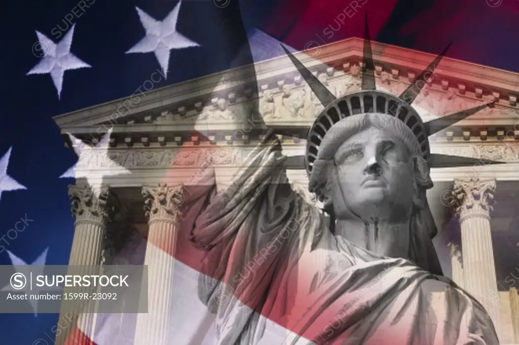 Digital composite: Statue of Liberty and Supreme Court Building