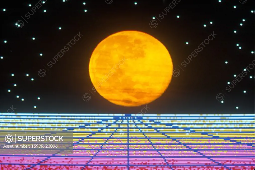 An orange full moon in a starry sky rising over a multi-colored grid extending to the horizon