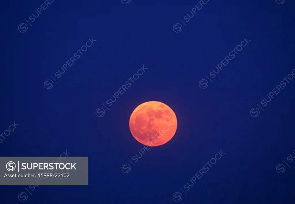 A full moon against a deep blue twilight sky