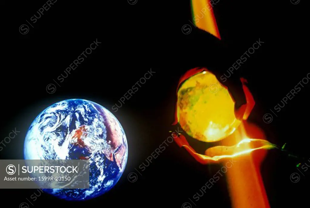 Earth and hands holding a glowing crystal sphere as orange laser light shines down