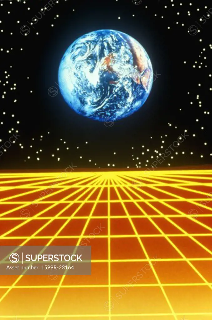 Earth against a starry background above a glowing orange matrix pattern extending to the horizon