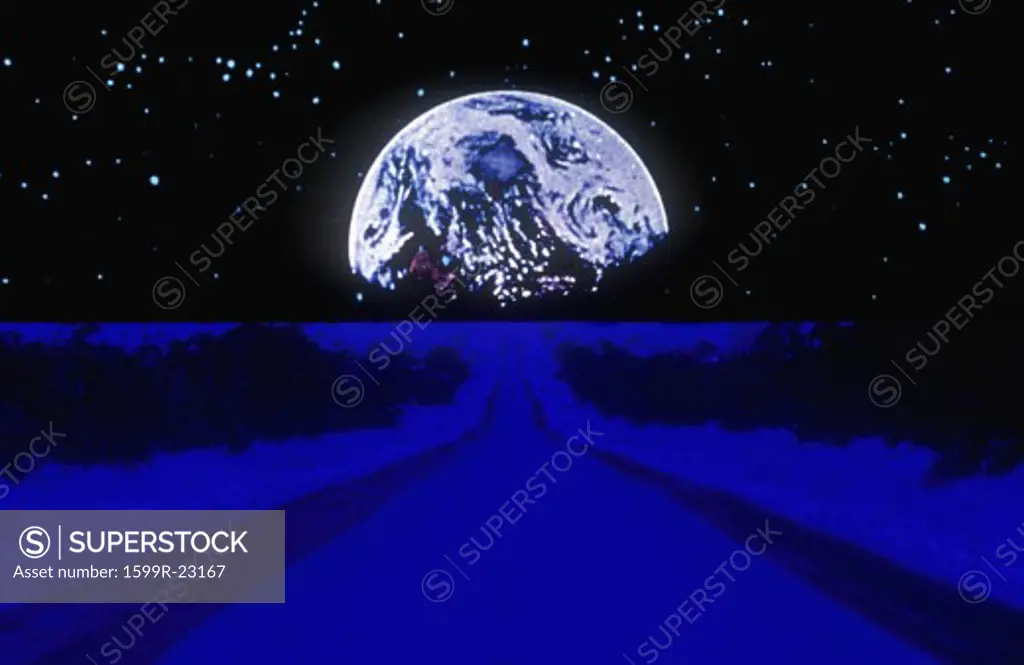 Earth against a starry background above a glowing blue highway extending to the horizon