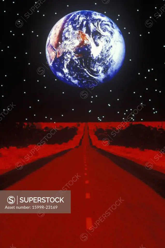 Earth against a starry background above a glowing red highway extending to the horizon