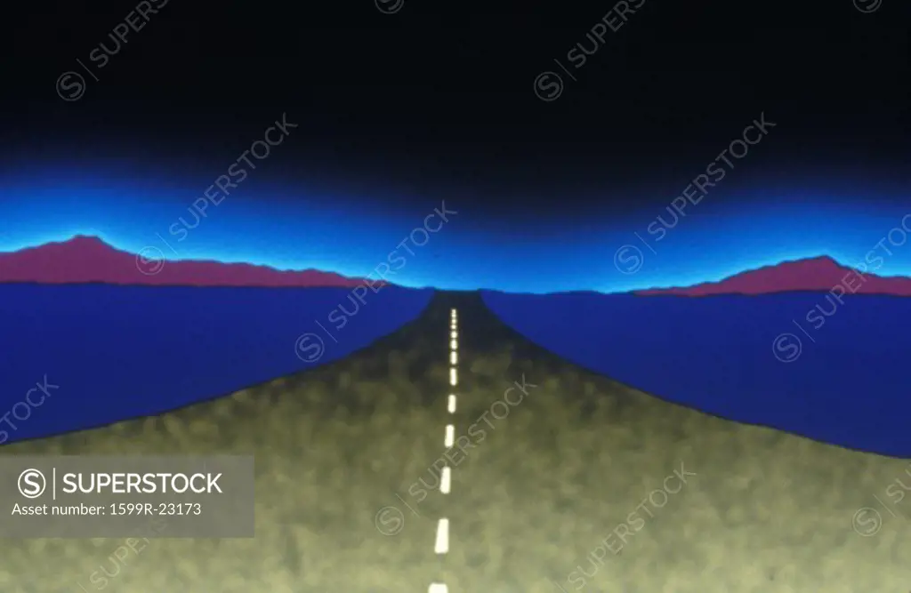 A starry background above a composited green highway and blue landscape extending to the horizon