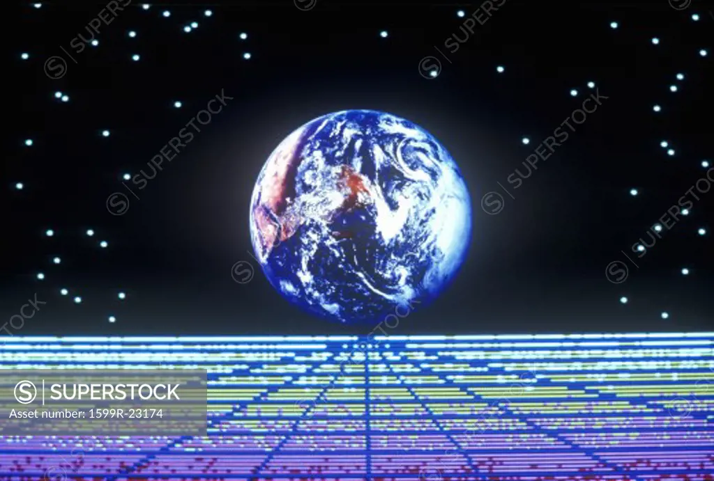 Earth against a starry background rising over a multi-colored grid extending to the horizon