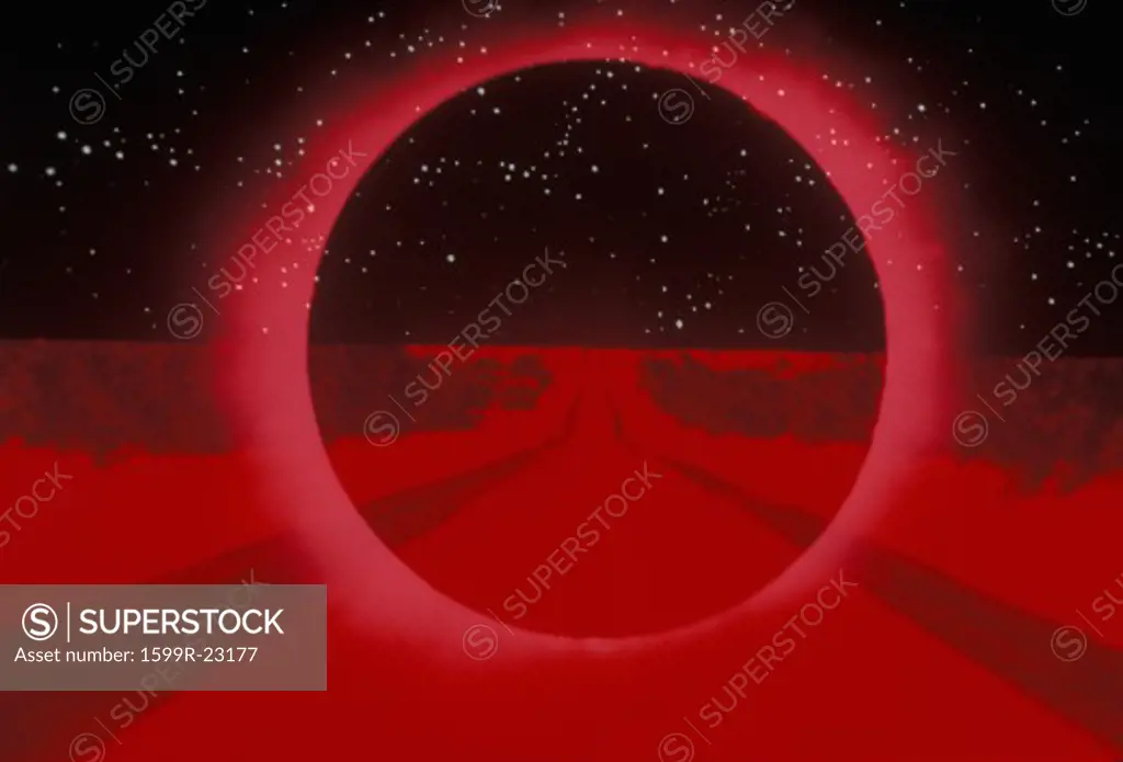 A black sun glowing red superimposed over a red nighttime landscape