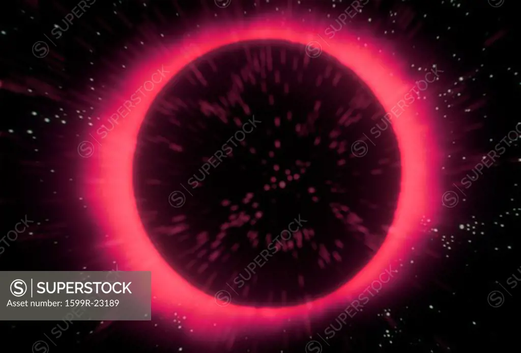 A black glowing sun with a magenta corona against a starry background