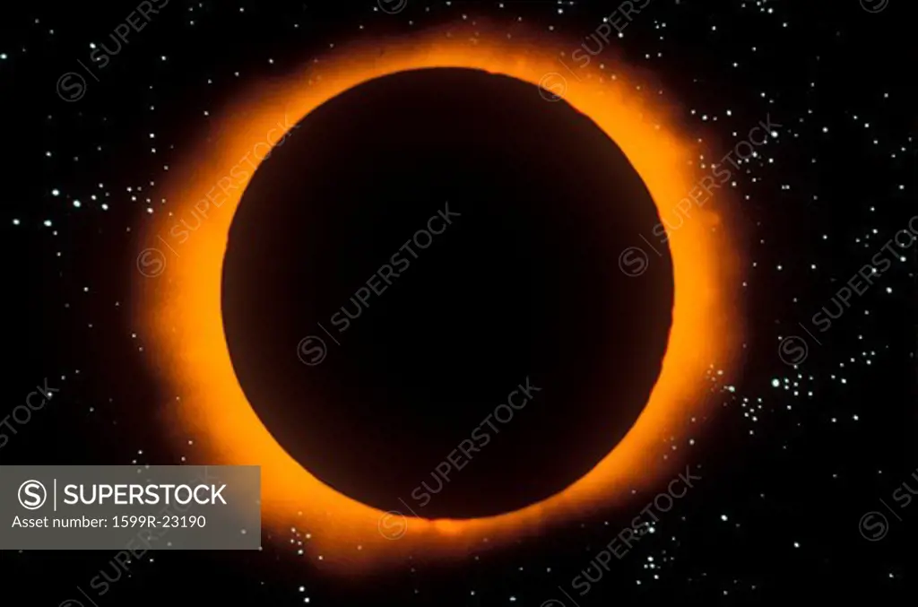 A black glowing sun with an orange corona against a starry background