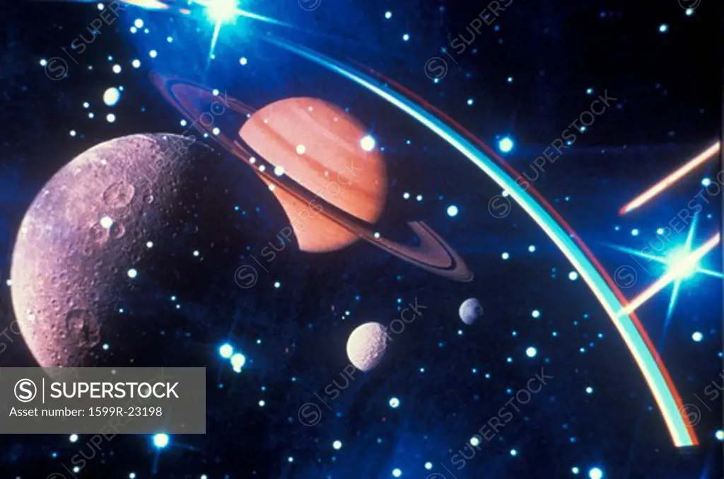 Space special effects composite with moons, Saturn, stars and laser light