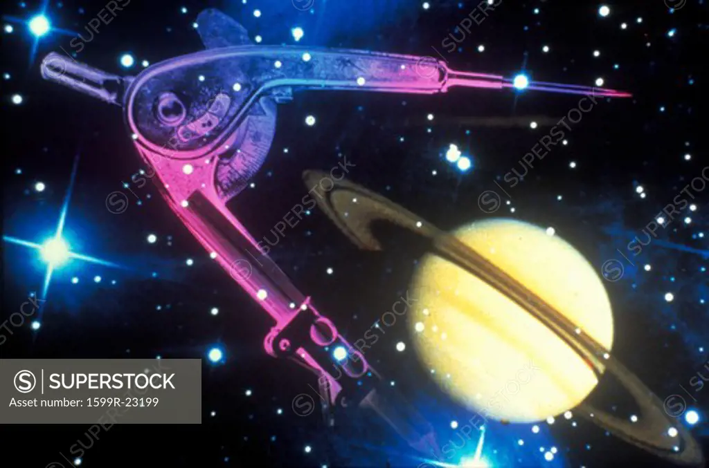 Space special effects composite with compass, moons, Saturn, stars and laser light