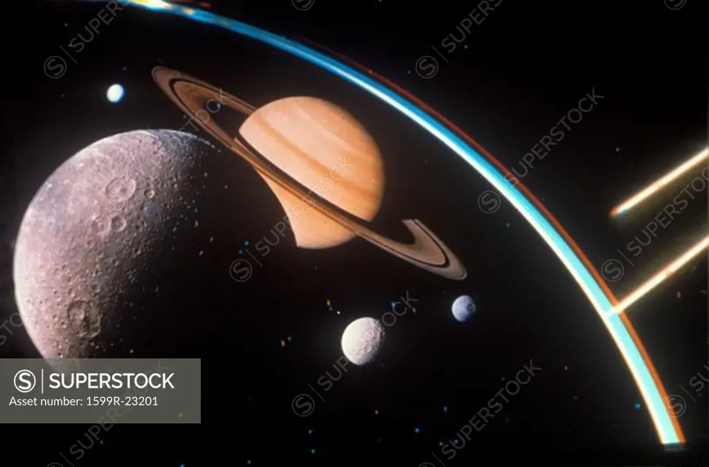 Space special effects composite with moons, Saturn, stars and laser light