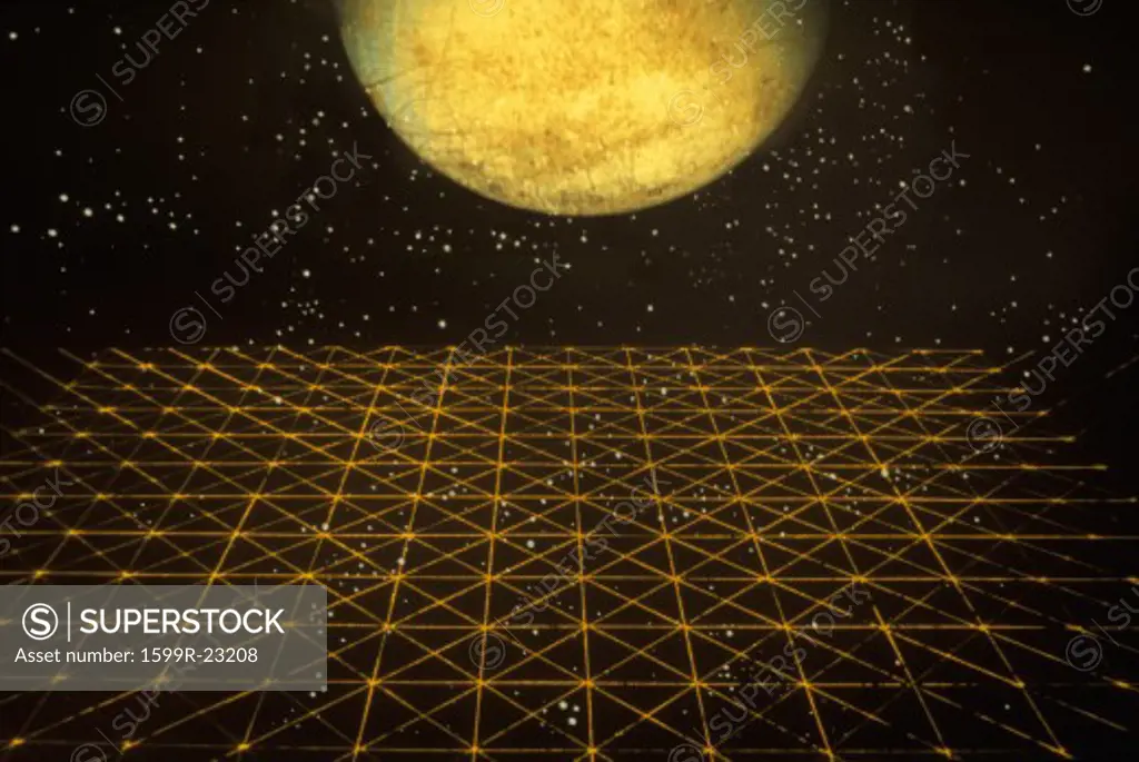 A glowing orange crystal sphere against a starry background rising over a colored grid extending to the horizon