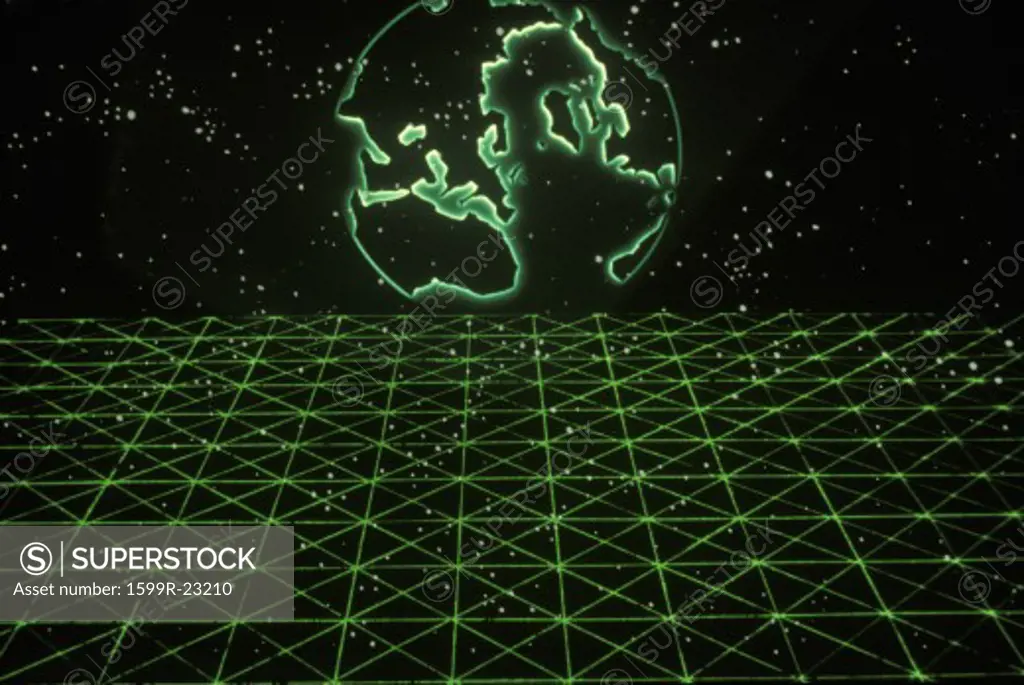Space special effects composite with Earth silhouette and grid of green laser light
