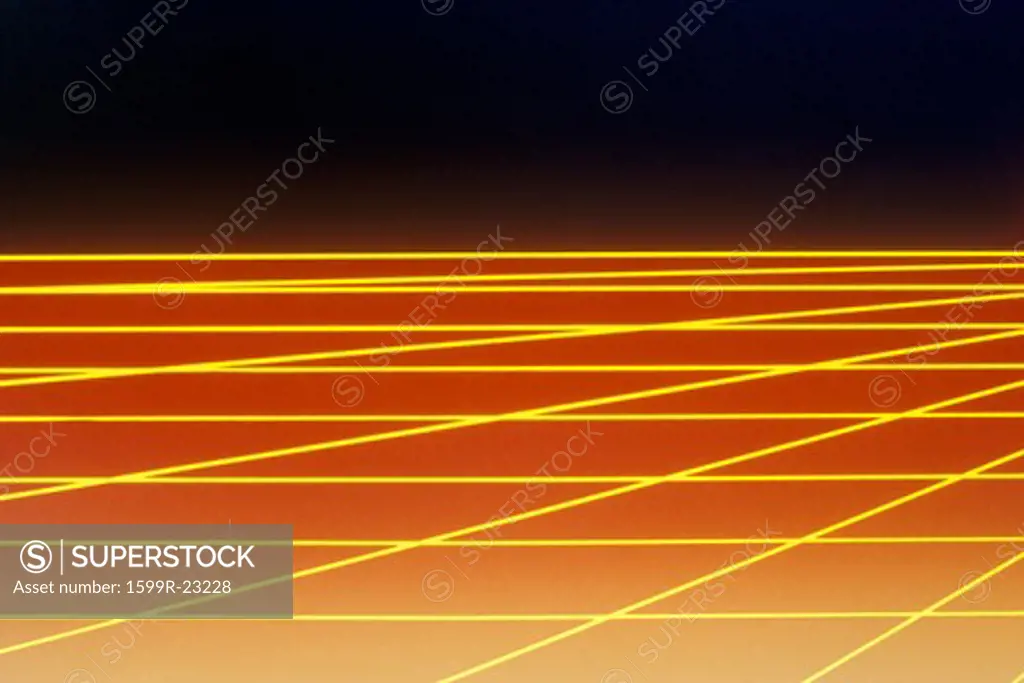 Space special effects of yellow grid matrix over red surface extending to a glowing horizon