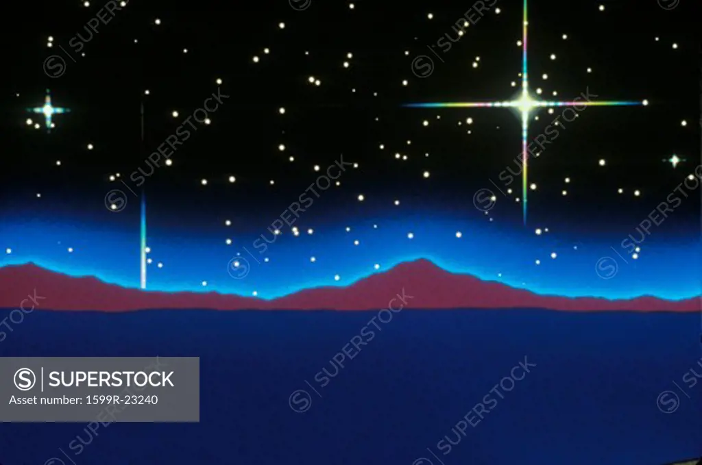 Starry background above a composited purple landscape extending to the horizon