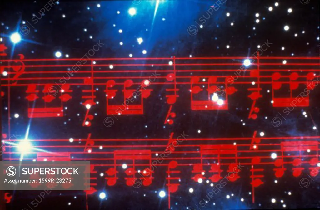 Space special effects composite of red musical notes and starry sky
