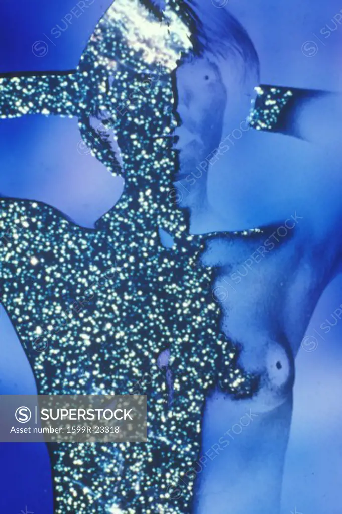 Special effects collage image of a nude blonde woman from the waist up against a blue background
