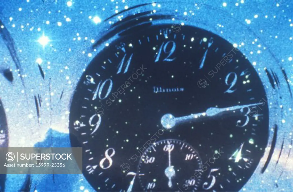 Space special effects composite of a watch and blue starry sky