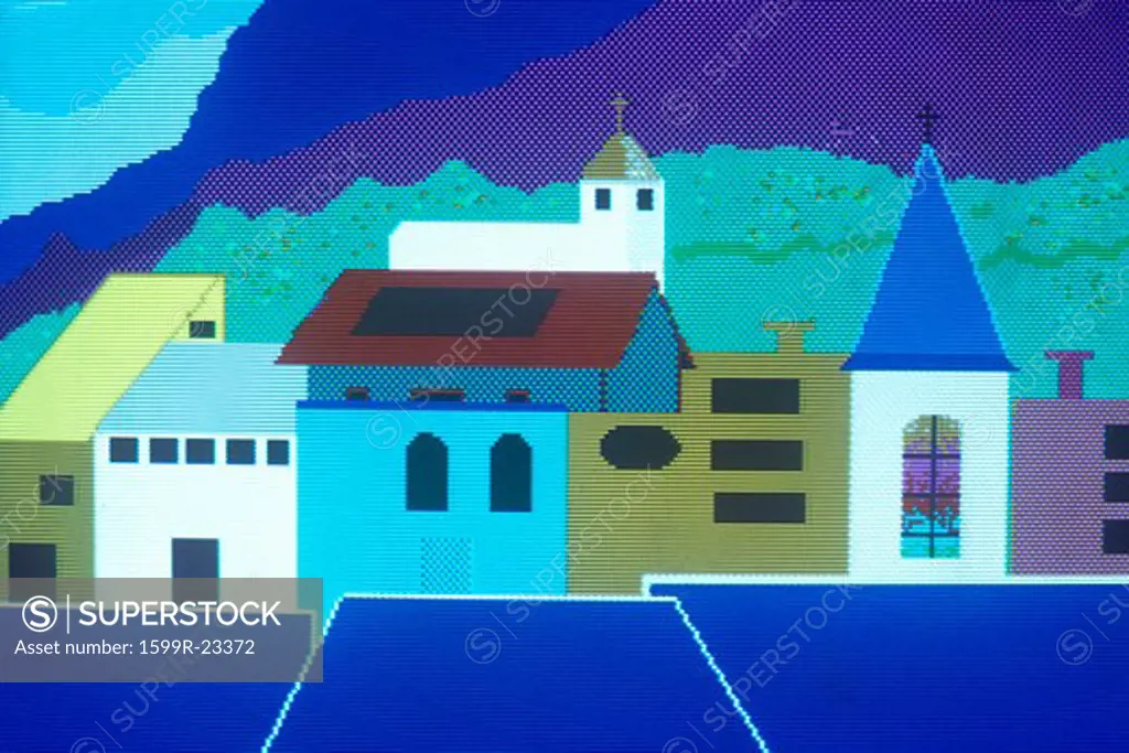 Early computer graphic of houses and small town