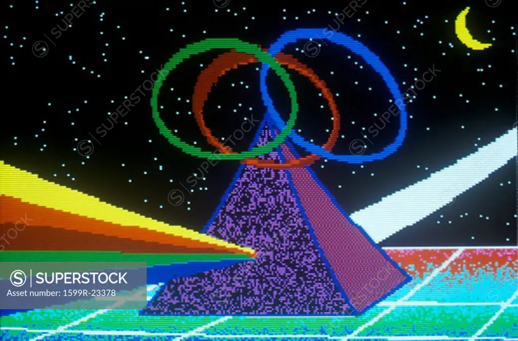 Early computer graphic of a pyramid with rays of rainbow light from spectrum